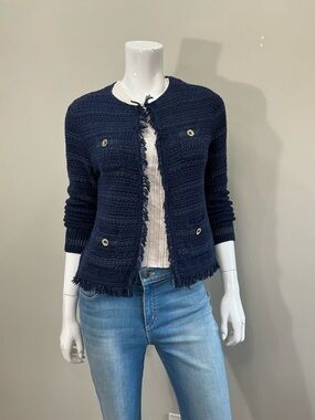 LILLY PULITZER Navy Textured Knit Cardigan Fringe Trim Gold Buttons XS